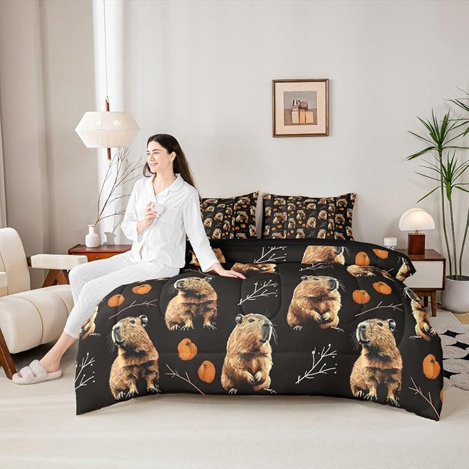 Erosebridal Kids Kawaii Capybara King Size 7-Piece Bedding Set for Capybara Lovers, Cute Animal Bed in A Bag, Peach Printed Comforter Set with Sheets, Cartoon Fruit Bedding Comforter Sets, Black - Image 6
