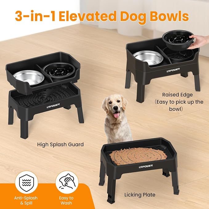 URPOWER 3-in-1 Elevated Dog Bowls with Slow Feeder & Licking Plate | 4 Height Adjustable Raised Stand with 2 Stainless Steel Food Bowls & Licking Plate for Small, Medium & Large Dogs - Image 4