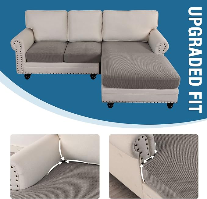 H.VERSAILTEX Sectional Couch Covers 3 Pieces Sofa Seat Cushion Covers L Shape Separate Cushion Couch Chaise Cover for Both Left/Right Sectional Couch (Seat Only: 1 Chaise + 2 Sofa, Taupe) - Image 7