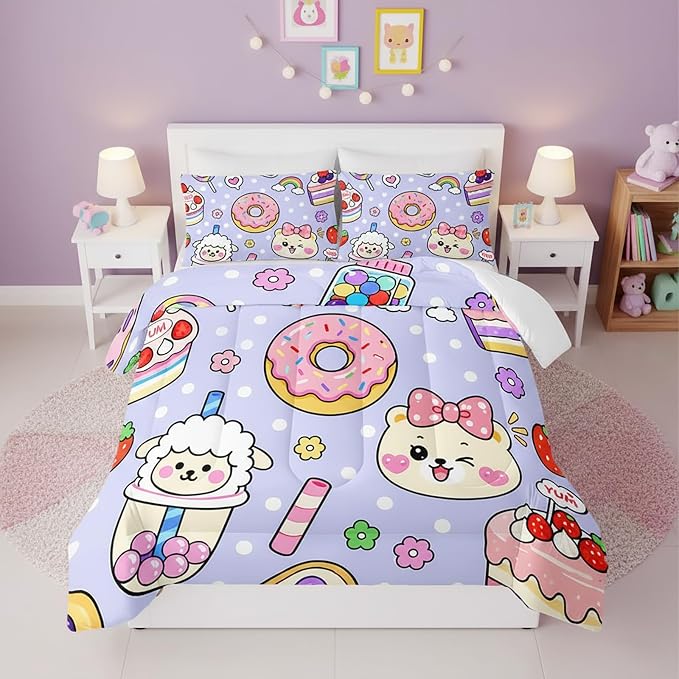 QOOMO Kawaii Bear Comforter Set for Kids Teens Girls Women,Cute Bear Kids Bedding Set,1 Comforter with 2 Pillowcase, Microfiber 3 Piece Bedding Set,for All SeasonsPurple，Full Size - Image 2
