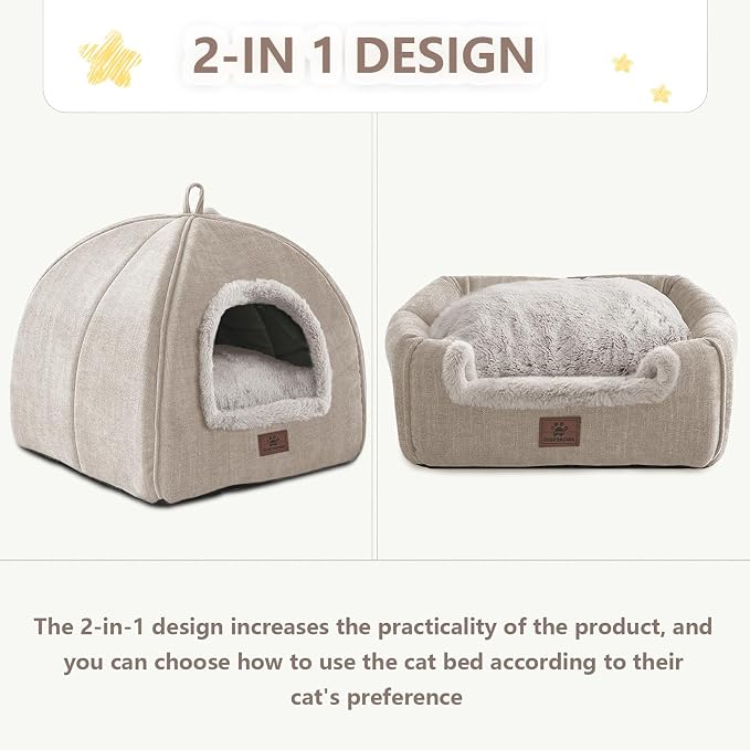 WINDRACING Cat Bed for Indoor Cats - Cat Cave Cat House Cats Tent with Removable Washable Cushioned Pillow, Soft and Self Kitten beds (Large, Beige) - Image 2