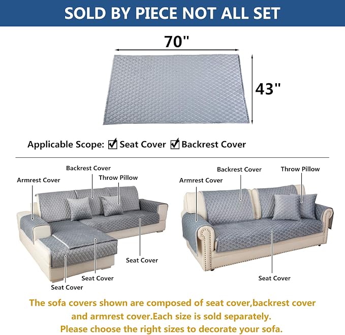 Eismodra Couch Cover,Sectional Couch Covers,Sofa Covers for 3 Cushion Couch,Anti-Slip Sofa Slipcovers for Dogs Cats Kids Loveseat Recliner L Shaped Armrest Backrest,Light Gray 43''x70''(Only 1 Piece) - Image 5
