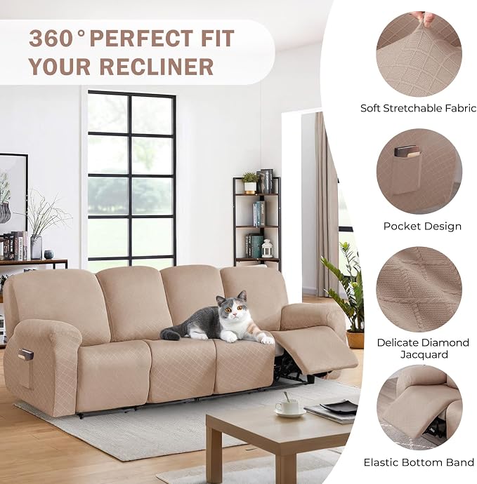 vctops Diamond Recliner Sofa Covers 10-Pieces Stretch Large RV Couch Covers for 4 Seats Reclining Slipcovers Soft Solid Furniture Protector (Camel,4 Seat) - Image 4