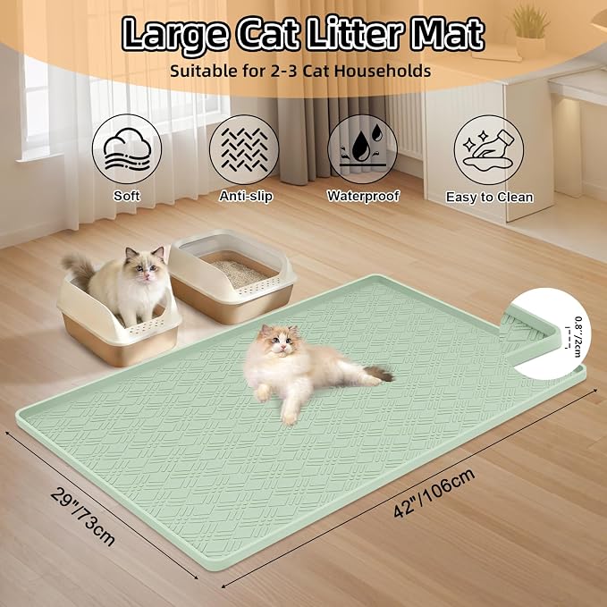 Silicone Cat Litter Mat 42" x 29" Cat Mat for Litter Box, Green | Extra Large Cat Litter Trapping Mat for Floor, Waterproof, Non-Slip Kitty Litter Box Mat with Raised Edge, Easy to Clean - Image 2
