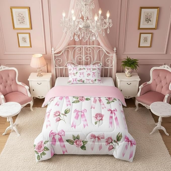 Manfei Floral Bowknot Comforter Set Toddler Size,Pink Bow Tie Print Bedding Set for Kids Teens,Dreamy Princess Style Flower Down Comforter,2 Pcs 1 Pillowcase by Manfei