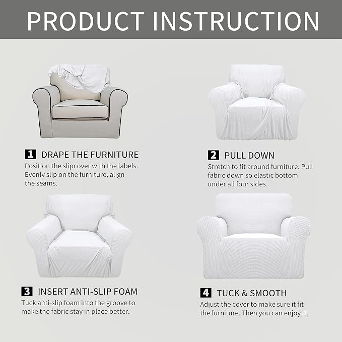 Easy-Going Stretch Oversized Chair Slipcover with Arm Washable Snow White | 1-Piece Large chair covers armchair Furniture Protector for Living Room chair and a half cover Soft For Kids, Pet. - Image 6