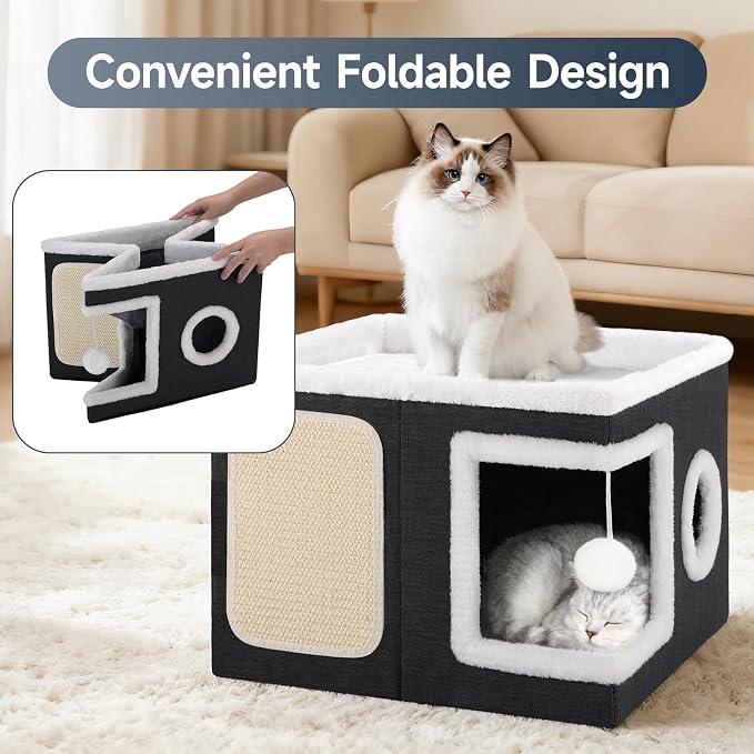 Shikha Cat House Bed for Indoor Cats with Fluffy Ball and Scratch Pad Black | Foldable Large Cat Cave Hideaway with Cozy Condo, Hide and Seek Window, Holds Up to 30LBS, All Season Reversible Cushion - Image 5