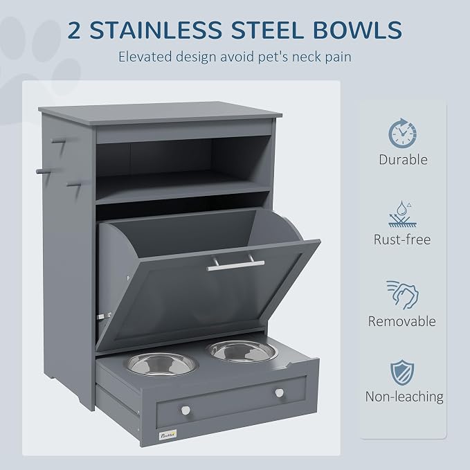 PawHut Dog Feeding Station with Raised Bowls, Pet Feeder Station, Gray | Dog Food Storage Cabinet, Hanger for Feeding & Watering Supplies - Image 3