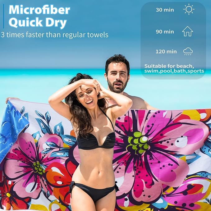 TwoYek Microfiber Beach Towel Extra Large 71x32 inches Floral Print | Thin & Lightweight, Sand Free, Super Absorbent Quick Dry, Oversized Towel for Beach Bath Pool Swim Travel Accessories Gifts - Image 4