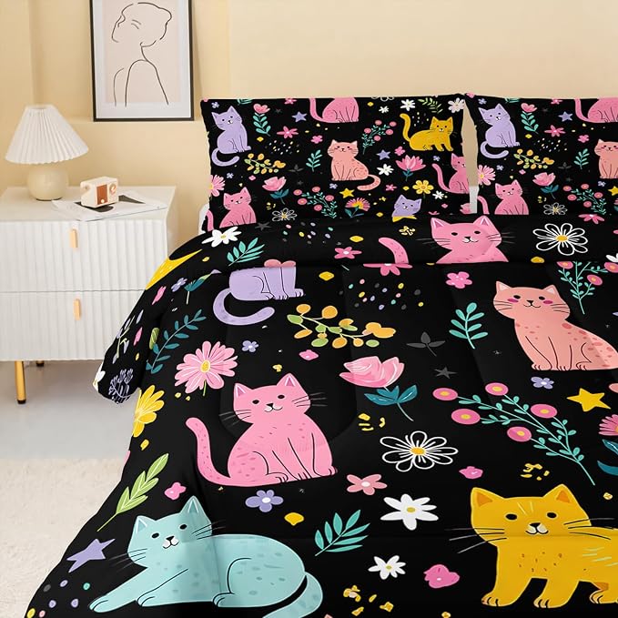QOOMO Floral Cat Comforter Full Size,Black Cats Bedding Set for Kids Teens Girls,3Pcs Bedding Set Printed Comforter with 2 Pillowcases,Down Alternative,Soft and Lightweight(Black，Full Size) - Image 4