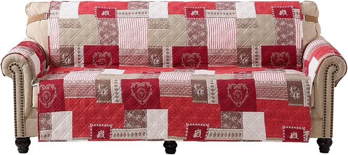 Brilliant Sunshine Burgundy Heart Love Loveseat Cover, 54" seat | Patchwork Design, Non Slip Sofa Cover, Quilted Furniture Protector, Large Washable Love Seat Slipcover for Pets, Dogs & Cats - Image 2