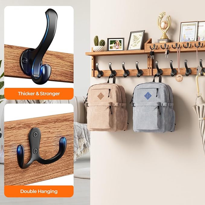 Evermagin 35" Coat Rack Wall Mount with Shelf & 13 Hooks, Entryway, Brown | 4-in-1: coat hooks, key hanger, mail holder & display shelf. Pine wood. For bedroom, hallway, mudroom, livingroom - Image 6