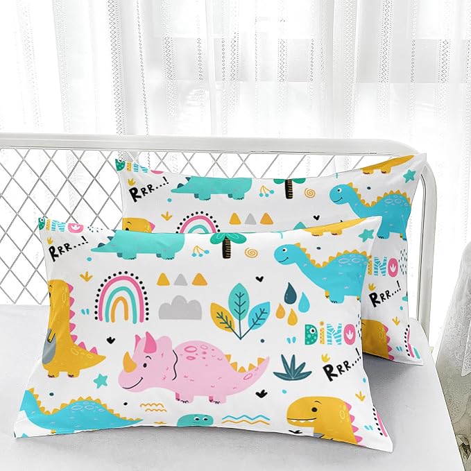 Nttopship Cute Cartoon Dinos Comforter Sets Queen Size for Kids, Cartoon Dinosaurs and Rainbows Comforter Sets All Season 1 Comforter and 2 Pillowcases - Image 5