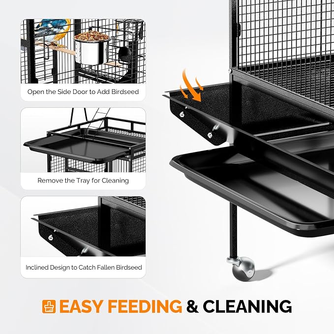VINGLI 83 Inch Bird Cage with Play Top, Large Wrought Iron Bird Cage with Wheels, Rolling Parakeet Cage with Removable Tray for Cockatiels Lovebird Finches Canaries - Image 4