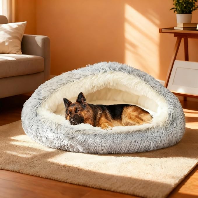 ShinHye Round Plush Fluffy Hooded Cat Bed Cave, Cozy for Indoor Cats or Small Dogs, Waterproof Bottom, Washable（40 in） - Image 5