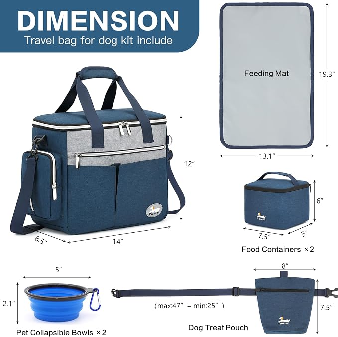 Dog Travel Bag for Pet Kit for Supplies with 2 Food Storage Containers 2 Collapsible Bowls 1 Feeding Mat 1 Dog Treat Pouch 7-Piece Set Perfect Road Trips Camping Weekend (Navy Blue) - Image 6