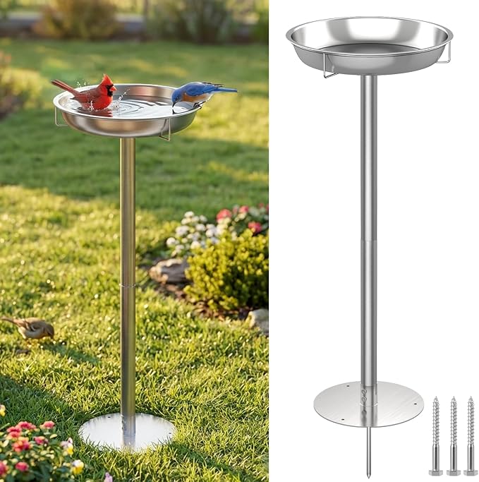 tinnmao 304 Stainless Steel Bird Bath for Outside, 40 Inch Tall Freestanding Metal Birdbath & Feeder with Removable Bowl for Garden Yard Patio Lawn by TINNMAO