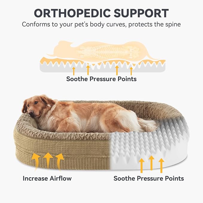 JOEJOY Orthopedic Dog Beds Large Sized Dog, XL Egg-Crate Memory Foam Pet Couch Bed with Bolster Sides, Waterproof Lining, Removable Washable Cover & Non-Slip Bottom, Light Brown - Image 2