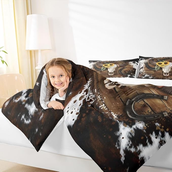Homewish Cow Skull Kids Comforter Set Queen Size,Cow Fur Wooden Plank Farmhouse Bedding for Boys Girls Men Room Decor,Cowboy Horseshoe Sunflower Down,White Brown Rustic Duvet Insert,2 Pillowcases - Image 3
