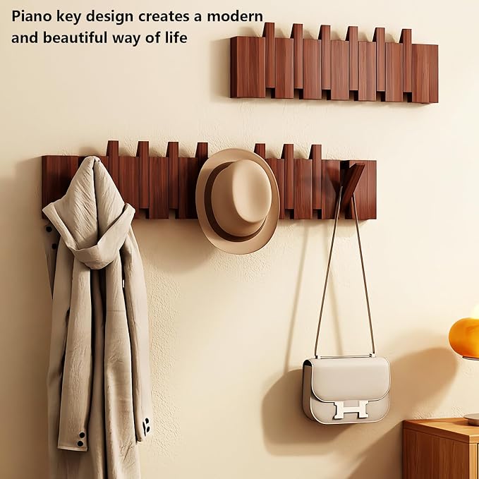 Wall Mounted Piano Key Solid Wood Hanger, Suitable for Wardrobes, Kitchens, Bedrooms, Bathrooms, Entrances (Walnut, 6 Hooks) - Image 5