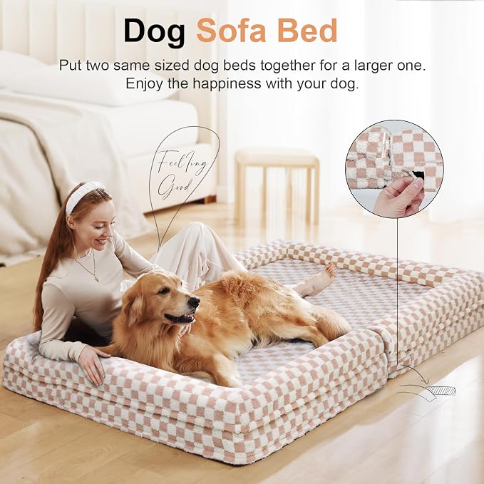 NANUYA Orthopedic Dog Bed for X-Large Dogs, 40 x 32 Inch, Pink Grid | Egg crate foam for joint support, 3-sided bolster pet sofa, waterproof lining, washable cover, and non-skid base - Image 3