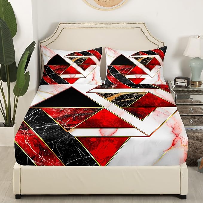 Marble Sheet Set Full Size - Pink Red Black White Marble Bed Sheets - Geometric Triangle Bedding Set - Extra Soft - 1 Fitted Sheet, 1 Flat Sheet, 2 Pillowcases - 4 Pcs Tie Dye Sheet for Bedroom Decor - Image 3