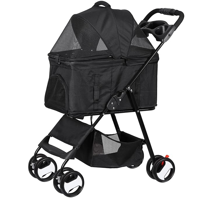 ZENY Pet Stroller, 3 in1 Foldable Dog Cat Jogger Stroller with 4 Wheels, Detachable Basket and Cup Holder, Travel Folding Carrier for Small/Medium Pet (Black)