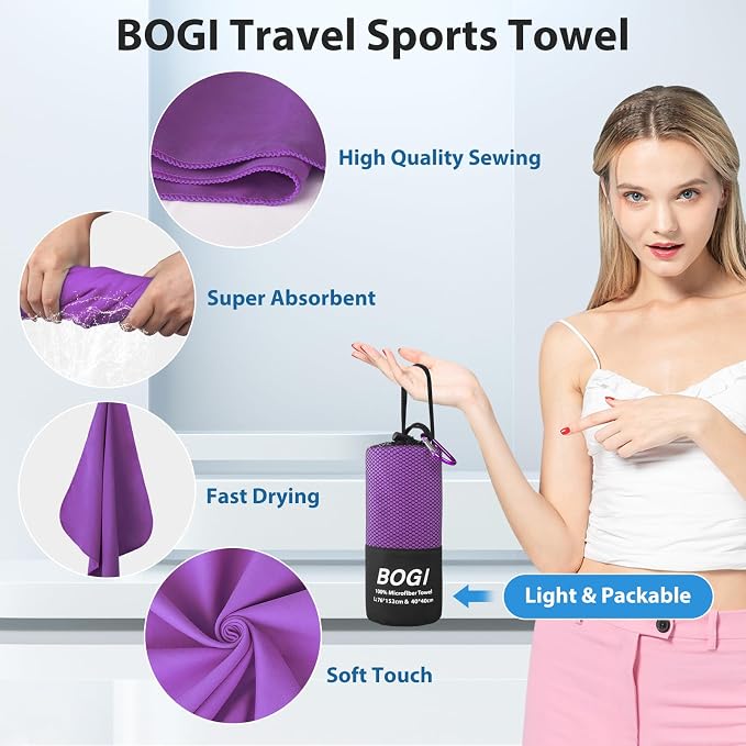 BOGI Microfiber Travel Sports Towel-Quick Dry Towel, Soft Lightweight Microfiber Camping Towel Absorbent Compact Travel Towel for Camping Gym Yoga Swimming Backpacking (XL:72''x32''+16''x16''-Purple) - Image 4