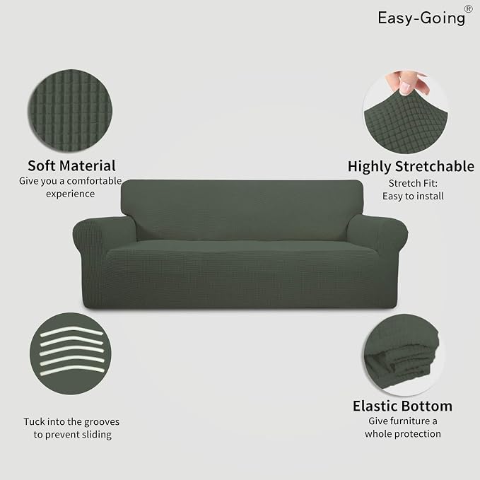 Easy-Going Stretch Couch Covers for Sofa Washable Large Olive Green | 1-Piece Sofa Covers for 3 Cushion Couch Furniture Protector Couch Slipcover Soft with Bottom for Kids Pets - Image 3