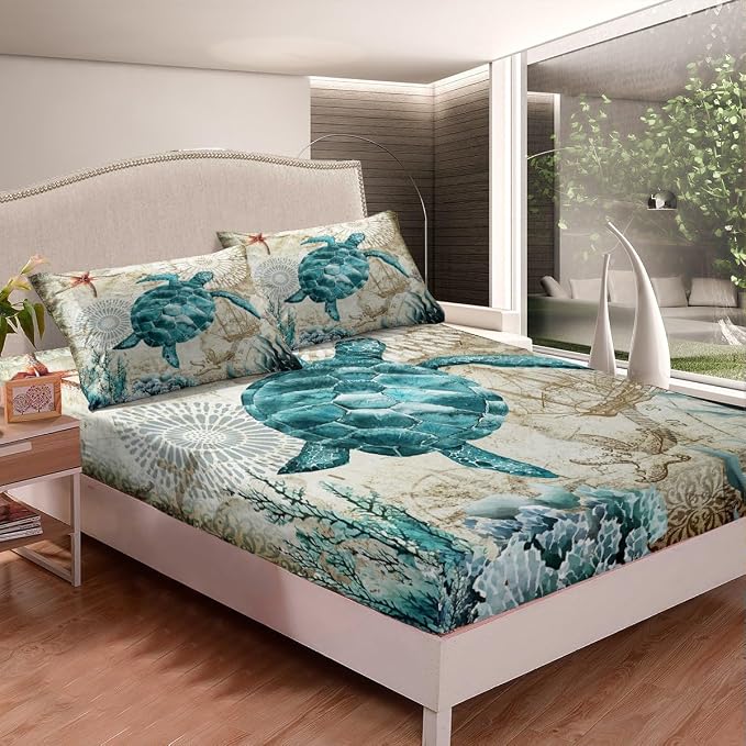 Sea Turtle Bedding Set,Ocean Beach Themed 4 Piece Sheet Set Children Teens Retro Tortoise Bed Sheet Set Hawaiian Reptile Turtle Printed Bed Set Includes 1 Fitted Sheet,1 Flat Sheet,2 Pillowcases,King - Image 3