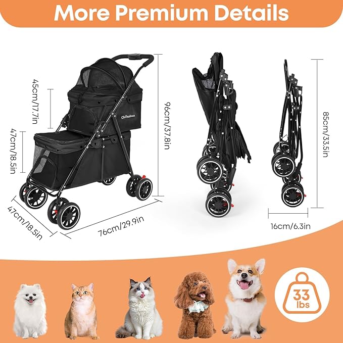 Double Pet Stroller for Dogs and Cats,Cat Strollers for 2 Cats,Double Dog Stroller for 2 Small Medium Dogs,4 Lockable Wheels/Lightweight/Folding, Black