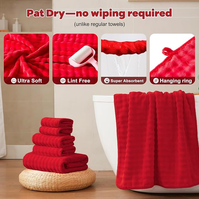 COZYART Lint Free 8 Pcs Bathroom Towels Set Ultra Soft Microfiber Red | Fluffy, Thick, Highly Absorbent, Fast Dry, No Shedding, No Pilling, Fade Resistant, Durable, Long-lasting - Image 5