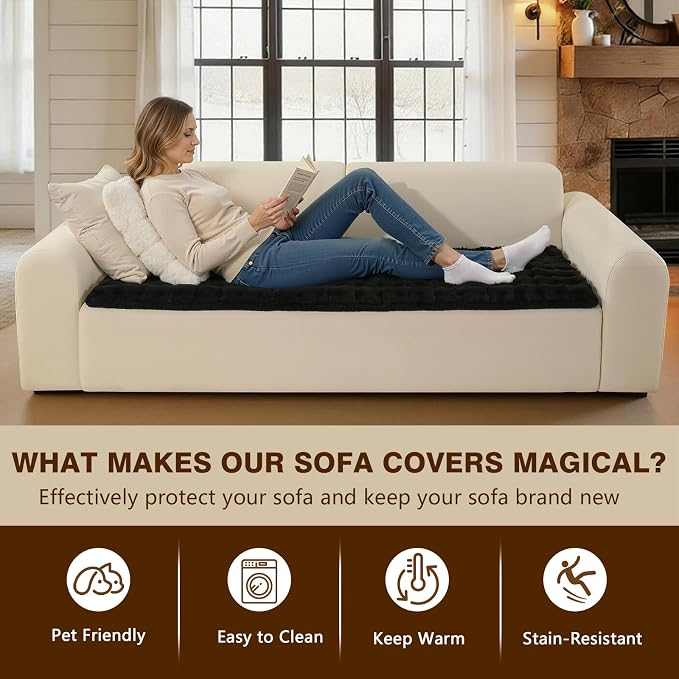 OHSIO Couch Cover for Pets Plush, Non Slip Cozy Sofa Cover Pet Friendly, Soft Thick Fuzzy Sofa Slipcovers for 3 Cushions Washable Couch Sofa Funiture Protector(Black,27.6'' x 94.5'') - Image 6