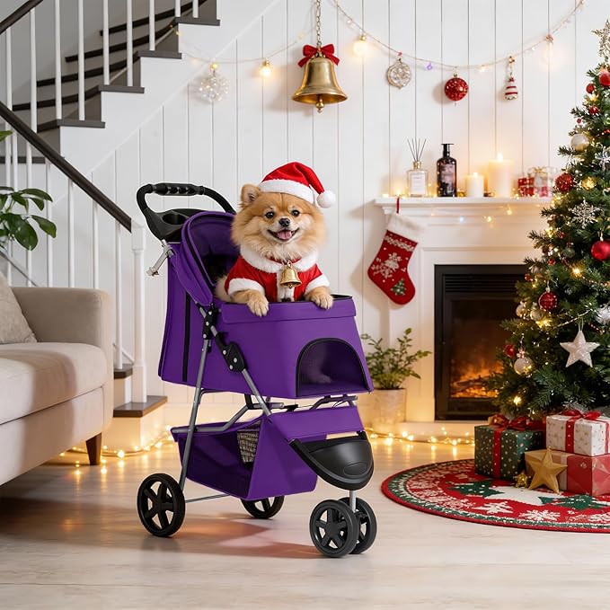 MoNiBloom 3 Wheels Pet Dog Cat Stroller for Small Medium Dogs Cats, Lightweight Foldable Jogger Stroller w/Storage Basket and Cup Holder, Purple