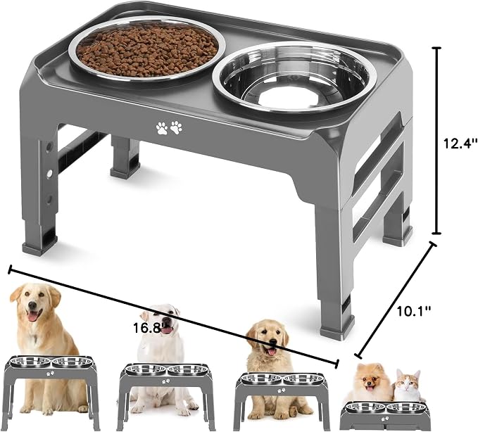 Elevated Bowls, 4 Height Adjustable Raised Stand With 2 Thick 50oz Stainless Steel Food Bowls, Non-Slip Feeder for Large Medium Dogs, Adjusts to 3.7", 9.2", 10.75", 12.36" Grey - Image 9