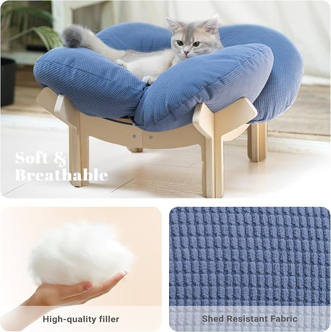 CHEERHOME PETS Elevated Cat Bed Wooden with Cushion Fluffy Pet Couch Sofa for Indoor Cats Raised Kitty Lounge Chair Suitable for Puppy, Cat Furniture(Deep Blue) - Image 5