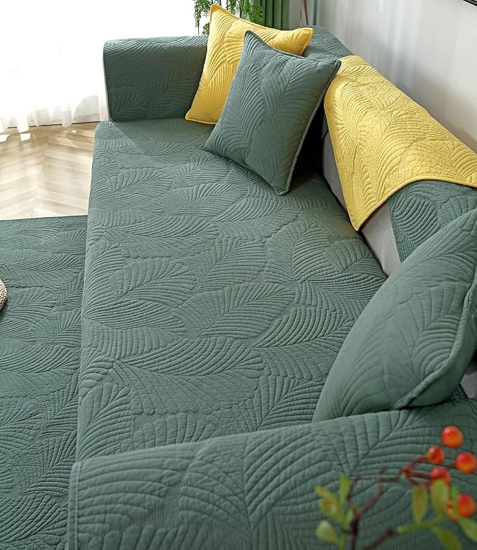 Solid Color Leaf Cotton Quilted Armrest Covers Backrest Covers Anti-Slip Soft Sofa Cover Armchair Slipcovers for Dogs Cats Pet (Green,28''x28'') - Image 5