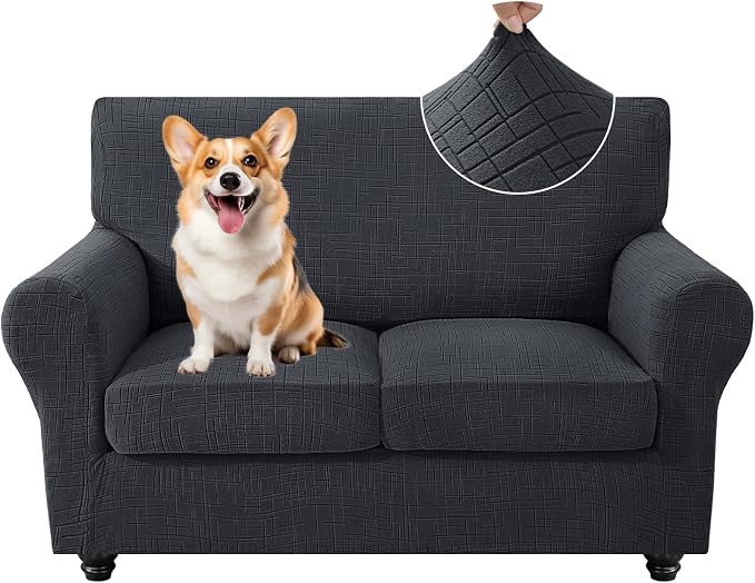 CYCMCAO 3 Piece Stretch Sofa Cover Couch Covers for 2 Cushion Couch, Non Slip Loveseat Covers, Sofa Covers Washable with Elastic Bottom for Kids, Dogs (Charcoal Gray), 55"-69" (2 Cushion Loveseat) by CYCMACOHOME