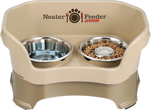 Neater Feeder Deluxe Mess Proof Dog Bowls Elevated for Medium Sized Breeds – Made in USA – No Spill Raised Slow Feeder Elevated Dog Bowl Stand, Stainless Steel Food and Water Bowl Set, Cappuccino by NeaterPetBrands