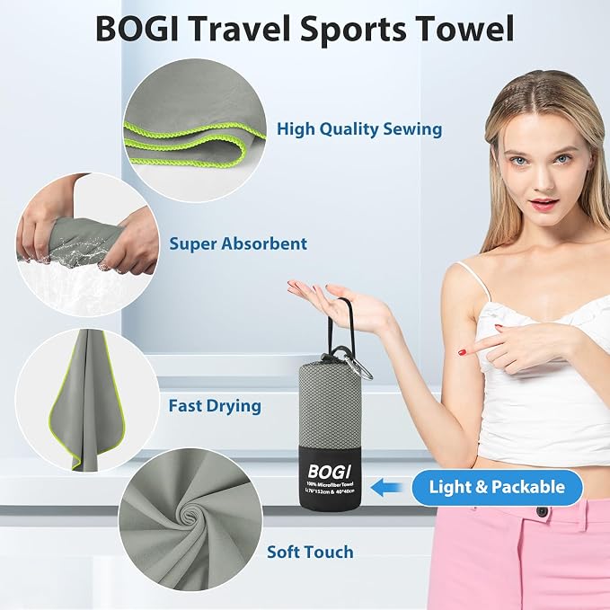 BOGI Microfiber Travel Sports Towel-Quick Dry Towel, Soft Lightweight Microfiber Camping Towel Absorbent Compact Travel Towel for Camping Gym Beach Yoga Swimming Backpacking (S:16''x32'',2Pcs-Grey) - Image 4