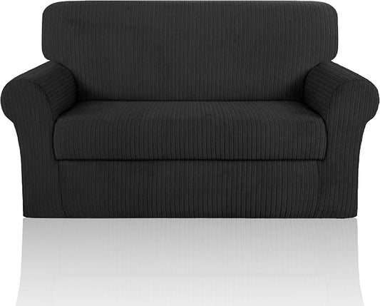 Loveseat Cover Stretching Skid Resistance Couch Cover for Pets Washable, Thick and Durable Soft High Spandex Striped Pattern Sofa Covers, Form Fitted Love Seat Slipcover(Loveseat, Black) by ChengEase