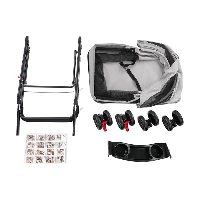 Dog Stroller with Casters, 40LBS Capacity Foldable Cat Pet Stroller with Storage Basket&Cup Holder, Foam Handle, Steel Frame for Small Medium Dogs Cats(Light Grey)