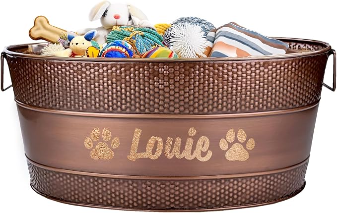 BREKX Personalized Copper Metal Dog Toy Storage Bin with Handles, Large by BREKX
