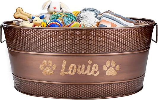 BREKX Personalized Copper Metal Dog Toy Storage Bin with Handles, Large by BREKX