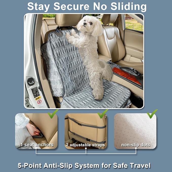 Front Seat Dog Car Seat Cover, Plush Waterproof Protector, Grey | Non-Slip Backing, Soft, Side Flaps, Full Coverage, Hair, Dirt & Scratch Defense, Machine Washable, Fits Cars, SUVs & Trucks - Image 4