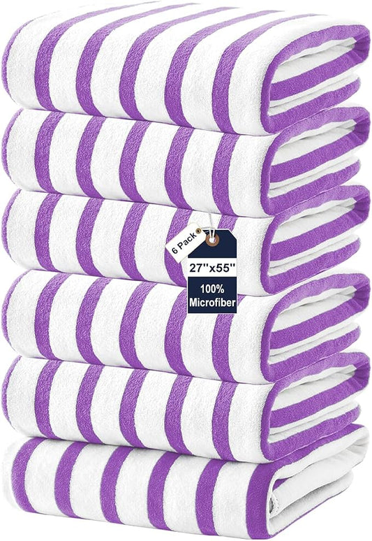 JML Microfiber Beach Towels, 6 Pack, 27" x 55", Cabana Stripe Purple | Soft,Absorbent, Quick Drying Lint-Free, No Fading for Summer Party, Pool, Sport, Yoga, Swimming by JML