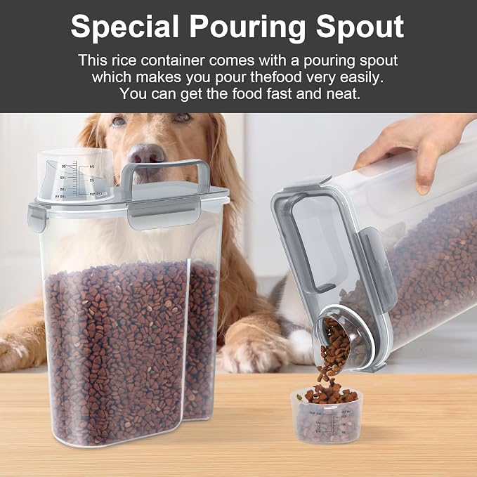 LEAWALK 5-7Lbs/6Qt Dog Cat Storage Container Portable with Upgraded Large Spout and Cup, Plastic Pet Food Dispenser for Small Animal Kibble, Bird Seed, Oatmeal, Rice, Flour, Brown Sugart- Clear Gray - Image 2