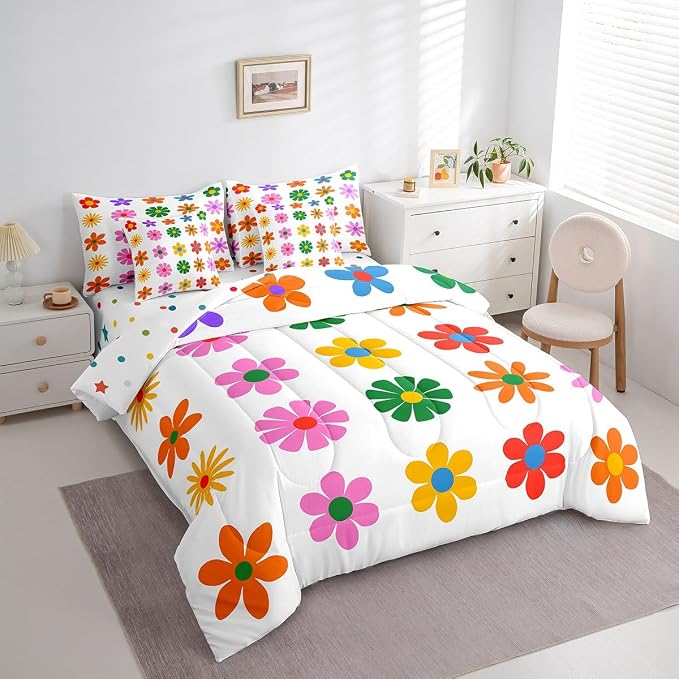 Feelyou Cute Flower 7 Piece Bedding Set Twin Size Colorful Flower Comforter Set with Sheets for Kids Boys Girls White Colorful Bed in a Bag Kawaii Theme Bed Set - Image 7