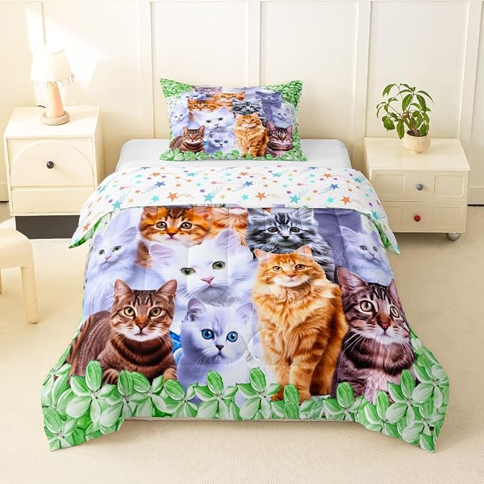 Feelyou Cute Cartoon Cat Girls Comforter Set Queen Size 3Pcs with 2 Pillowcases Floral Green Bedding Set Feline Animal Lovers Decor - Image 8