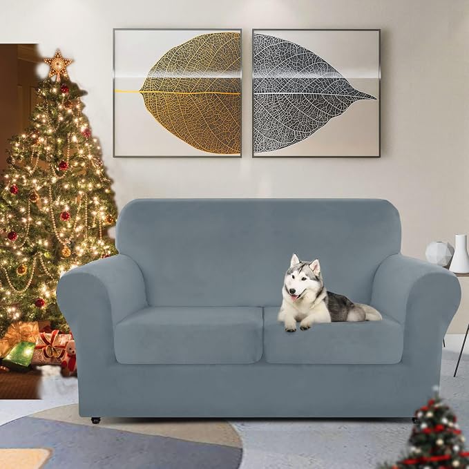 ZNSAYOTX Luxury Velvet Sofa Cover 3 Piece (57"-70") Stretch Loveseat Covers for 2 Cushion Couch Thick Soft Couch Slipcover with Non Slip Strap, Dog Pet Friendly Nice Furniture Protector (Light Grey) - Image 2